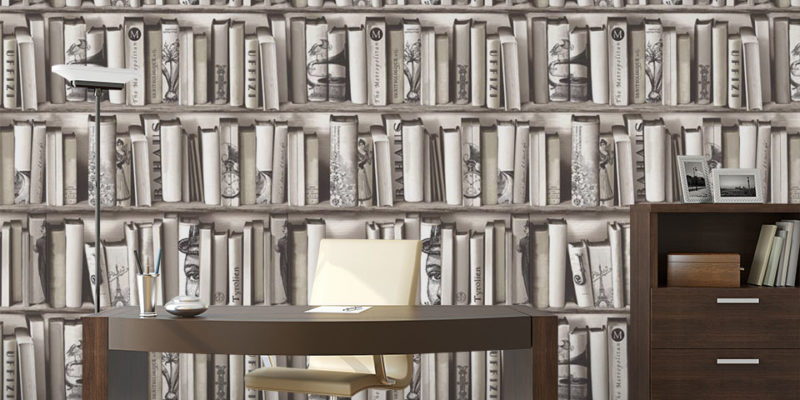 Tapeta, imitująca książkowe półki, doskonale sprawdzi się we wnętrzu książkowego mola.