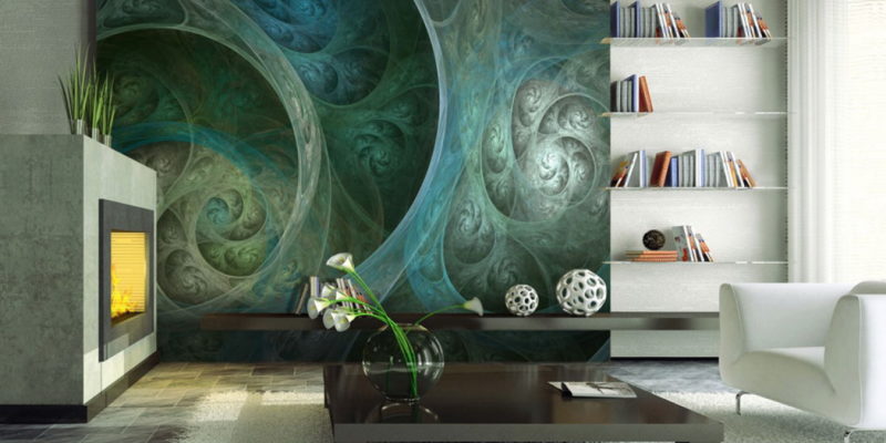 Abstrakcyjna tapeta w turkusowych odcieniach doskonale łączy się z jasnymi meblami oraz białym kolorem pozostałych ścian